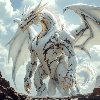 Primary subject: A white dragon with gold accents.

Setting/background: The dragon is standing on a rocky surface, with a cloudy sky in the background.

Visual style: The image is a digital artwork, featuring a detailed and intricate dragon design.

Colors and mood: The dragon has a white and gold color scheme, giving it a majestic and powerful appearance. The cloudy sky adds a sense of mystery and drama to the scene.